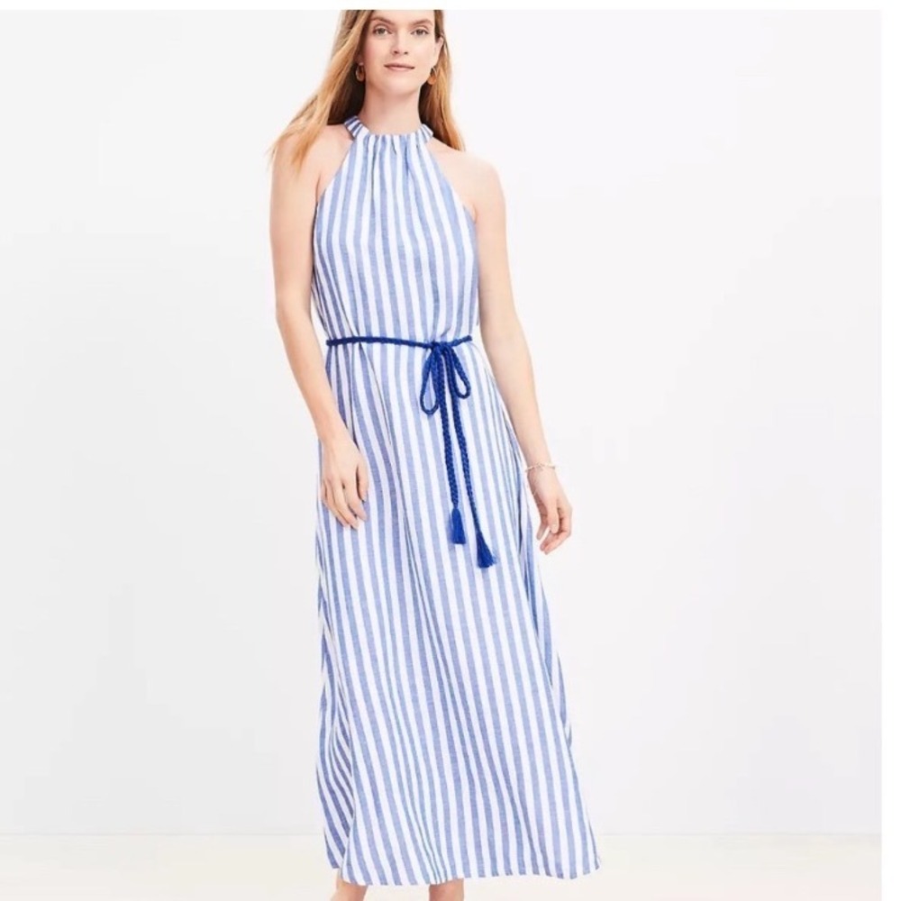 LOFT Linen Blend Blue White Striped Halter Maxi Dress Size 0 RN140923